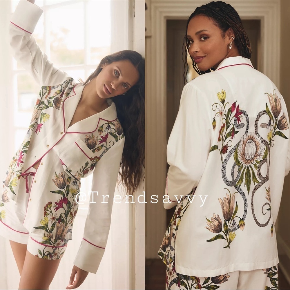 Anthropologie Victoria Garcia Floral Pajama Shirt Cream Pink Medium Button Front